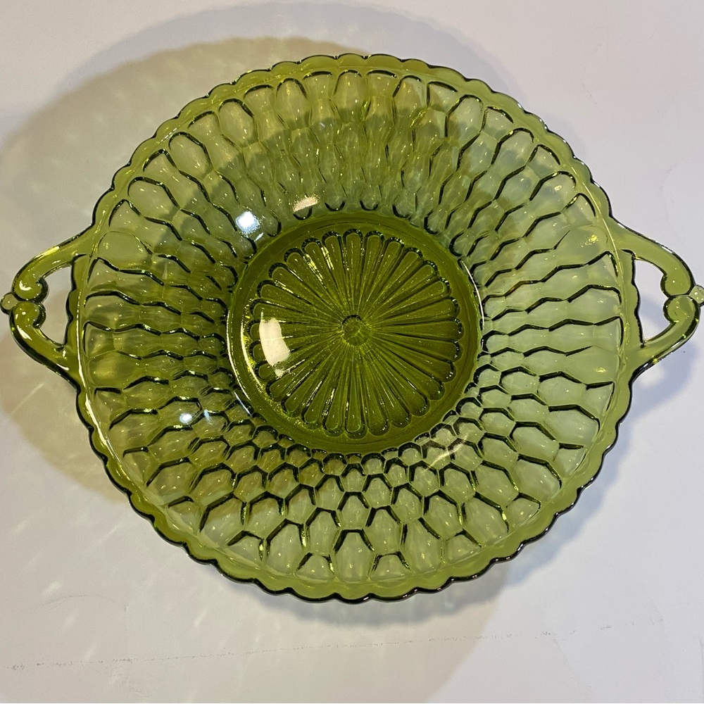 Indiana Glass honeycomb glass relish tray/bowl in avocado green glass GUC MCM